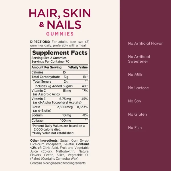 CABELLO PIEL Y UÑAS NATURE'S BOUNTY + BIOTINA 2500 MCG + COLÁGENO 100 MG 140 GOMITAS