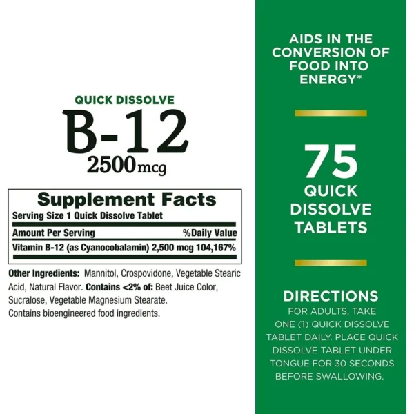 VITAMINA B12 QUICK DISSOLVE NATURE'S BOUNTY 2500 MCG 75 TABLETAS | PACK 2