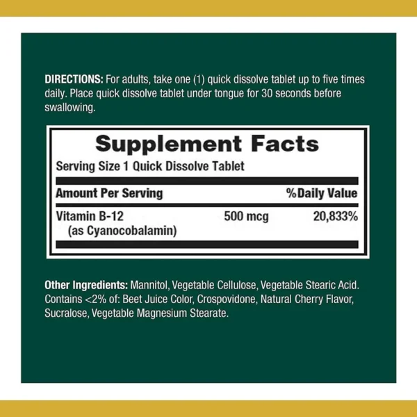 VITAMINA B12 NATURE'S BOUNTY 500 MCG 100 TABLETAS | PACK 2