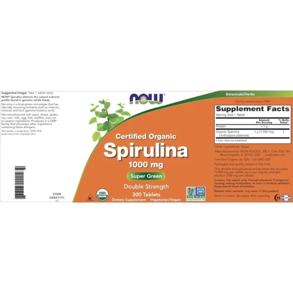 b0cb96kgxw_4.webp ESPIRULINA ORGÁNICA NOW FOODS 1000 MG 300 TABLETAS