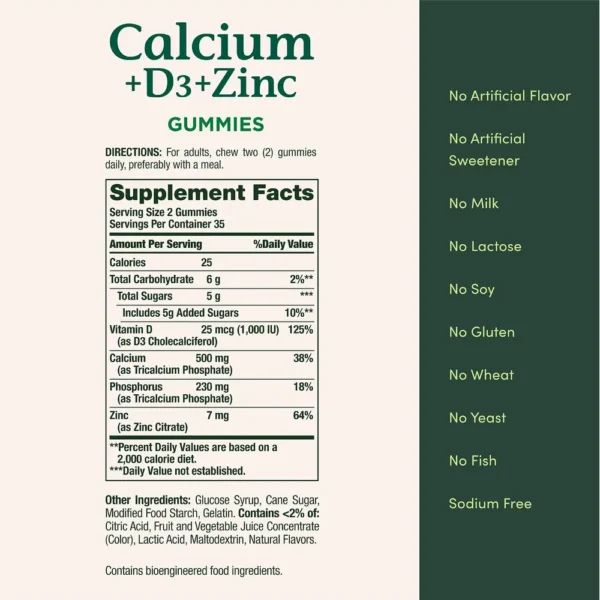 CALCIO + VITAMINA D3 + ZINC NATURE'S BOUNTY 500 MG 70 GOMITAS