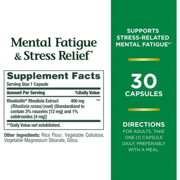 RODIOLA MENTAL FATIGUE & STRESS RELIEF NATURE'S BOUNTY 400 MG 30 CÁPSULAS | PACK 2