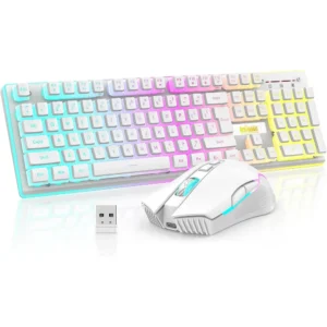 COMBO GAMER REDTHUNDER K10 TECLADO + MOUSE INALÁMBRICO 3200 DPI RGB PUDDING | BLANCO