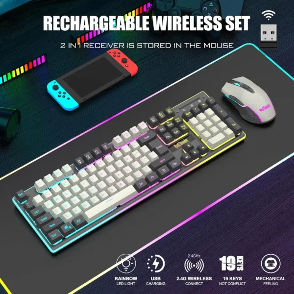 COMBO GAMER REDTHUNDER K10 PRO TECLADO + MOUSE INALÁMBRICO 3200 DPI RGB | BLANCO/GRIS