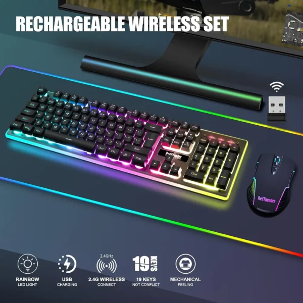 COMBO GAMER REDTHUNDER K10 TECLADO + MOUSE INALÁMBRICO 3200 DPI RGB | NEGRO