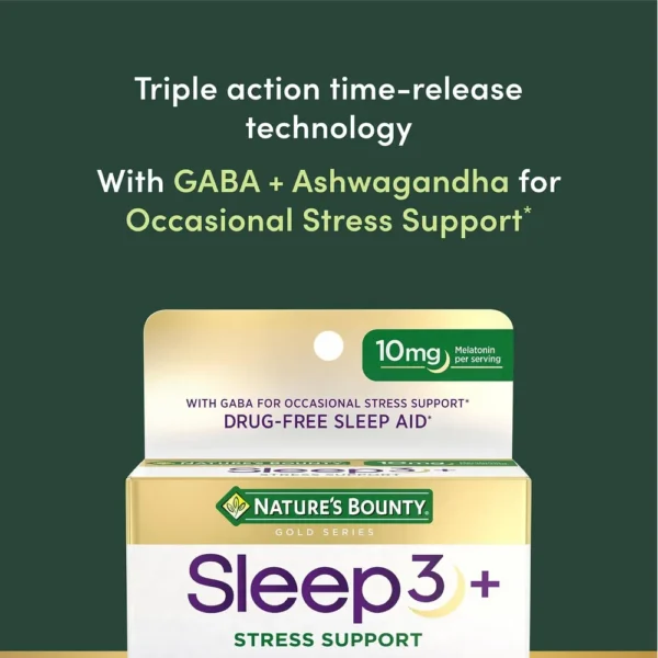 b0gbxtnd6z_3.webp SLEEP3 STRESS SUPPORT + MELATONINA NATURE'S BOUNTY 10 MG 56 TABLETAS TRICAPA | PACK 2