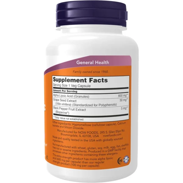 ÁCIDO ALFA LIPOICO NOW FOODS 600 MG CON SEMILLA DE UVA + BIOPERINE 120 CÁPSULAS | PACK 2