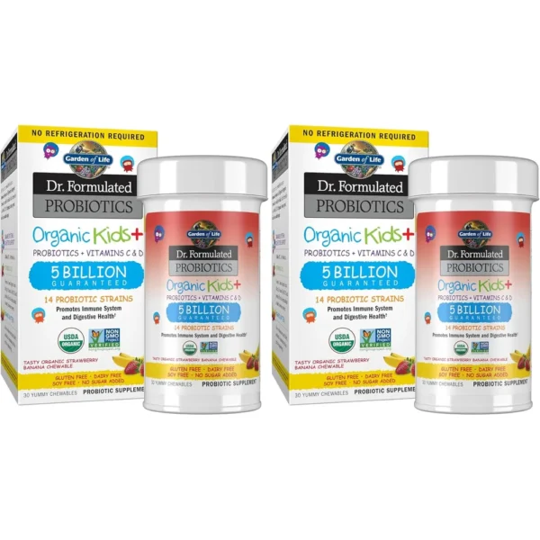 PROBIÓTICO GARDEN OF LIFE ORGANIC KIDS+ SHELF STABLE FRESA BANANA 30 MASTICABLES | PACK 2