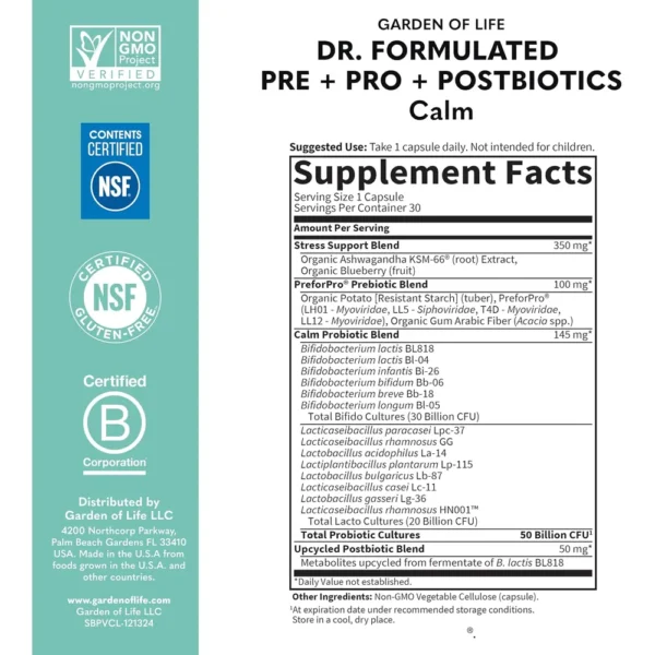 PROBIÓTICO GARDEN OF LIFE DR. FORMULATED CALM 50 BILLONES 30 CÁPSULAS | PACK 2