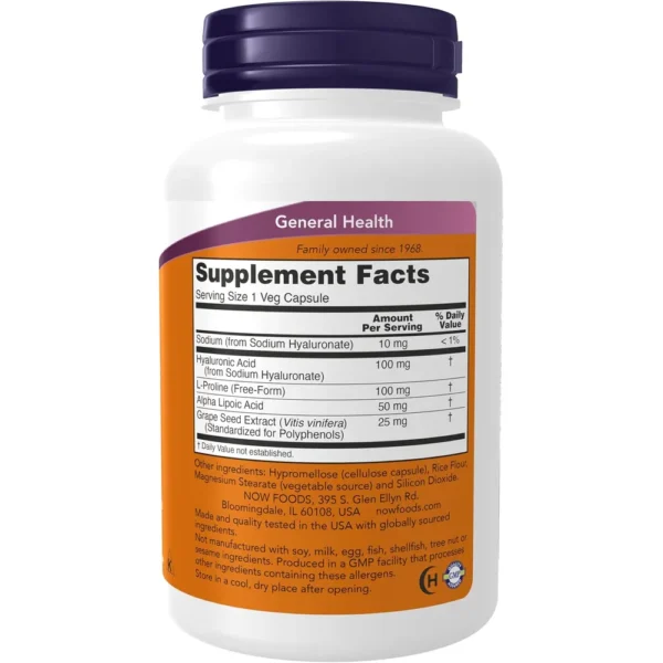 ÁCIDO HIALURÓNICO NOW FOODS 100 MG CON L-PROLINA + ÁCIDO ALFA LIPOICO 120 CÁPSULAS | PACK 2