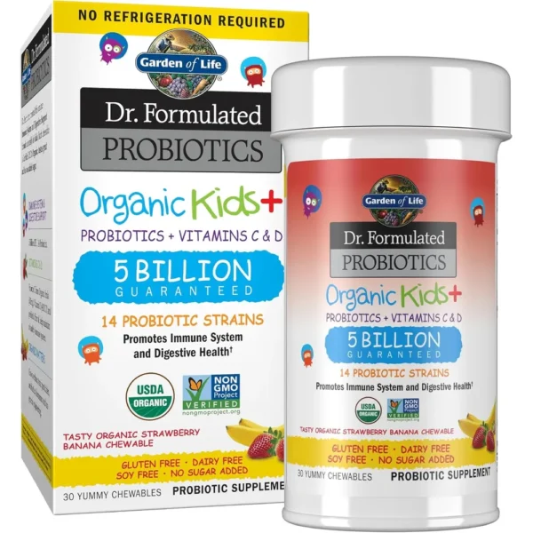 PROBIÓTICO GARDEN OF LIFE ORGANIC KIDS+ 5 BILLONES 14 CEPAS FRESA BANANA 30 MASTICABLES
